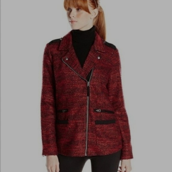 Lucky Brand Blazer Jacket Red Black Boucle Fabric Longer Length Silver Hardware - Picture 12 of 12